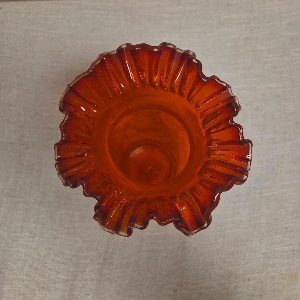 Vintage Orange Crackle Glass Vase Ruffled Rim Mid Century Modern Art Glass